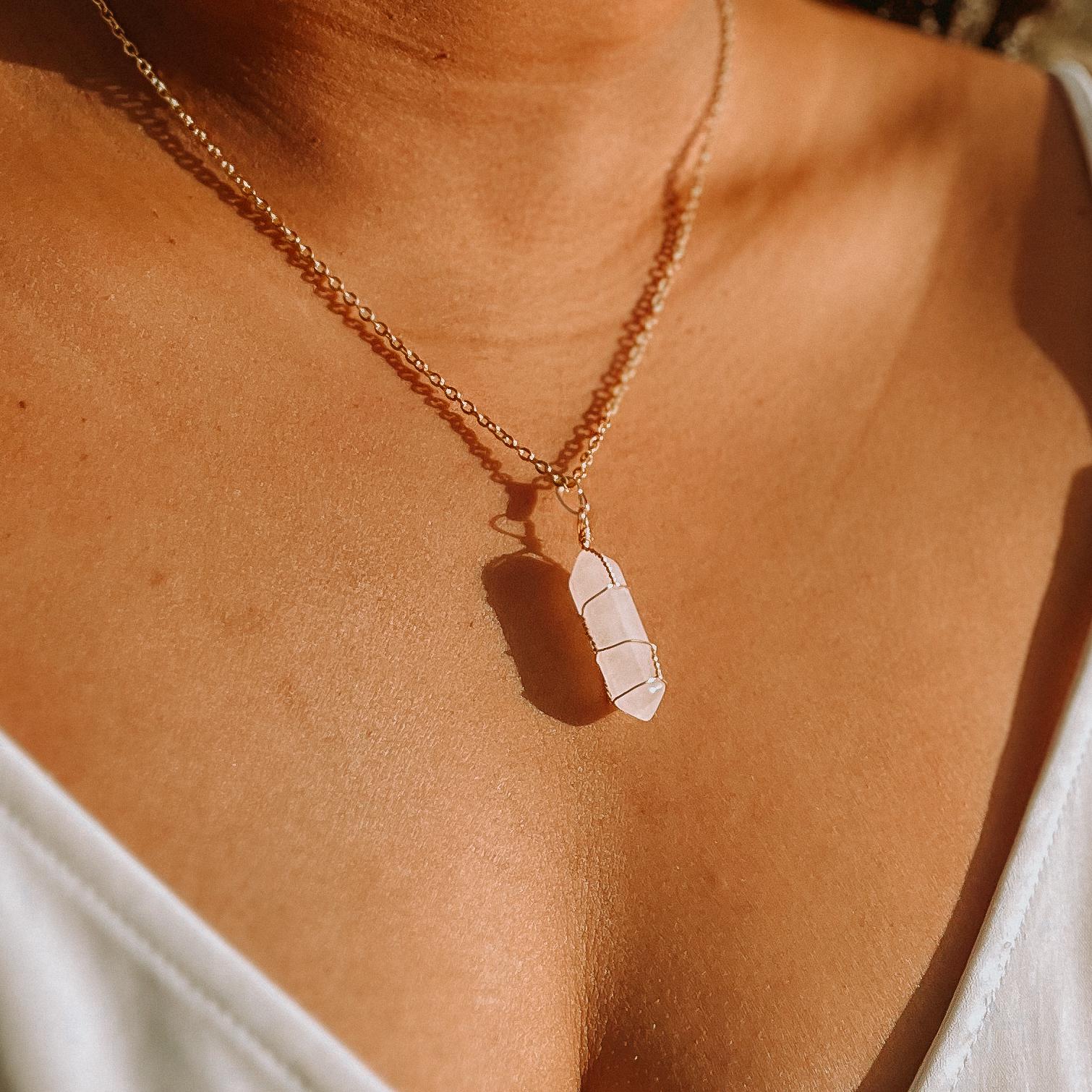 Pink Rose Quartz Bullet Necklace | 14k Gold 24in Chain