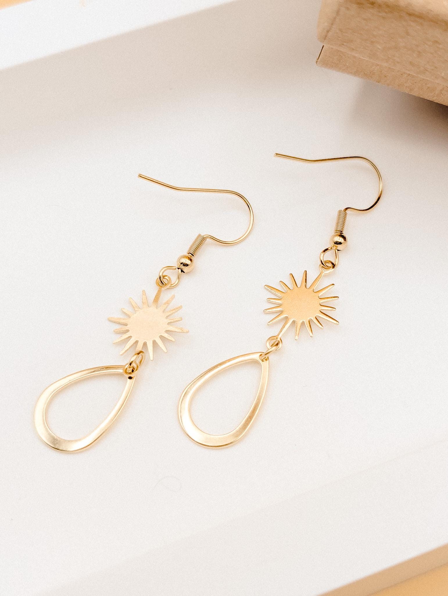 24k Gold Sterling Silver Sunburst Tear Earrings | Celestial