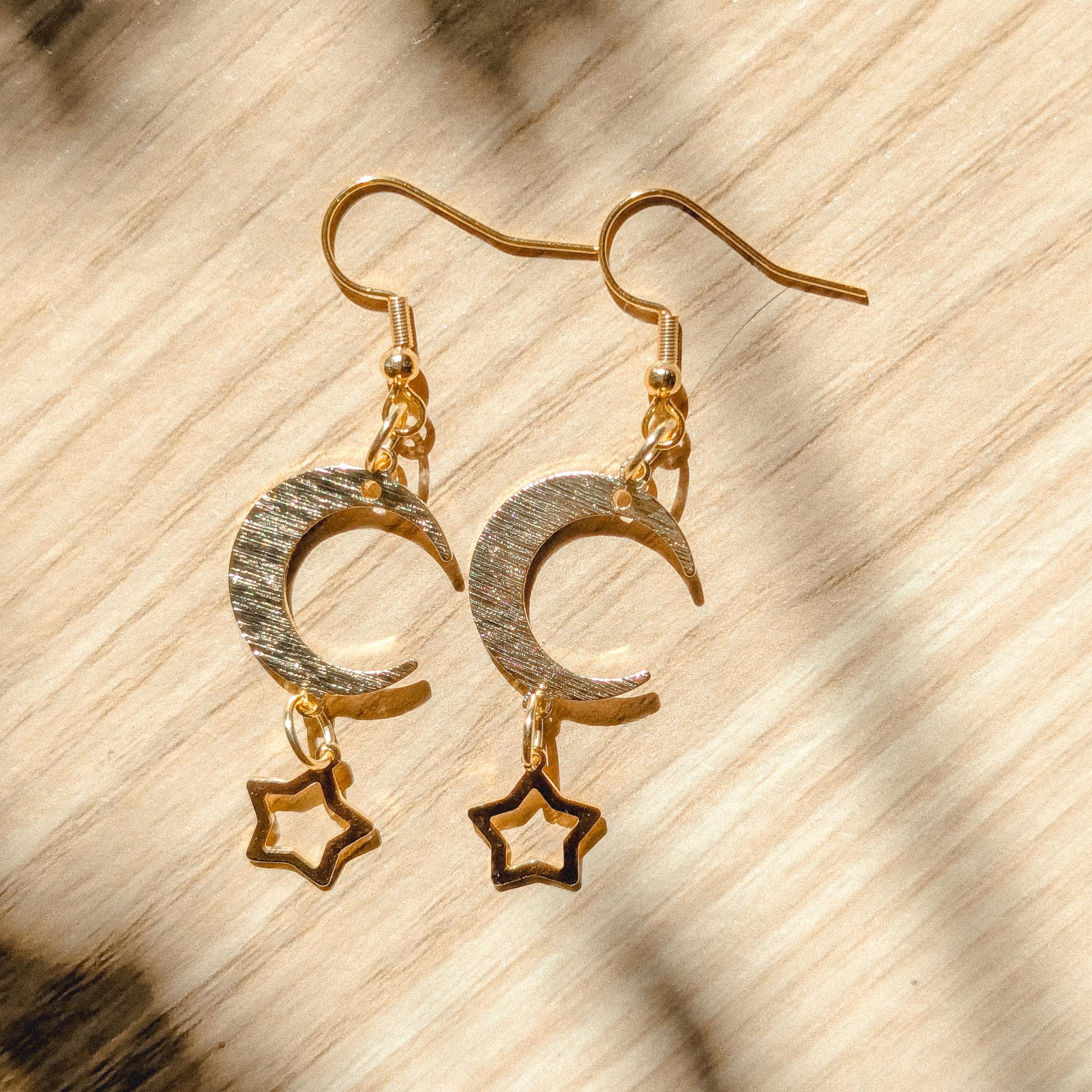 24k Gold Sterling Silver Moon & Star Earrings | Celestial Hook