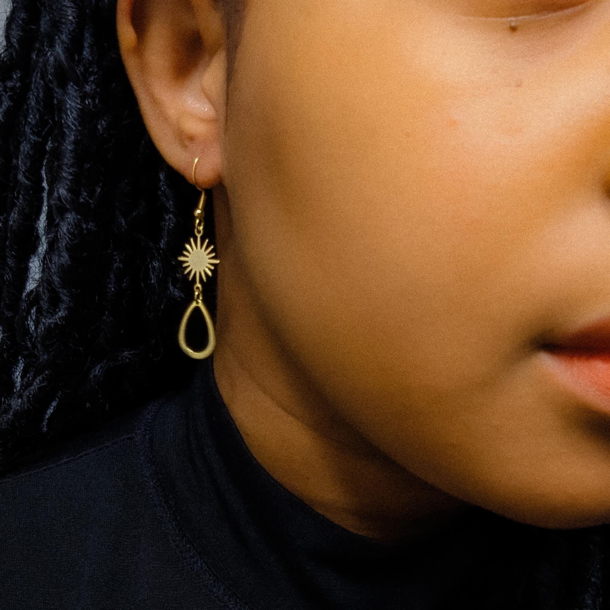 24k Gold Sterling Silver Sunburst Tear Earrings | Celestial