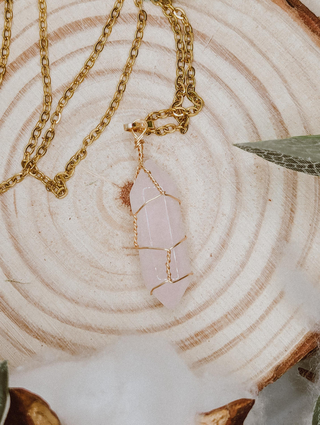 Pink Rose Quartz Bullet Necklace | 14k Gold 24in Chain