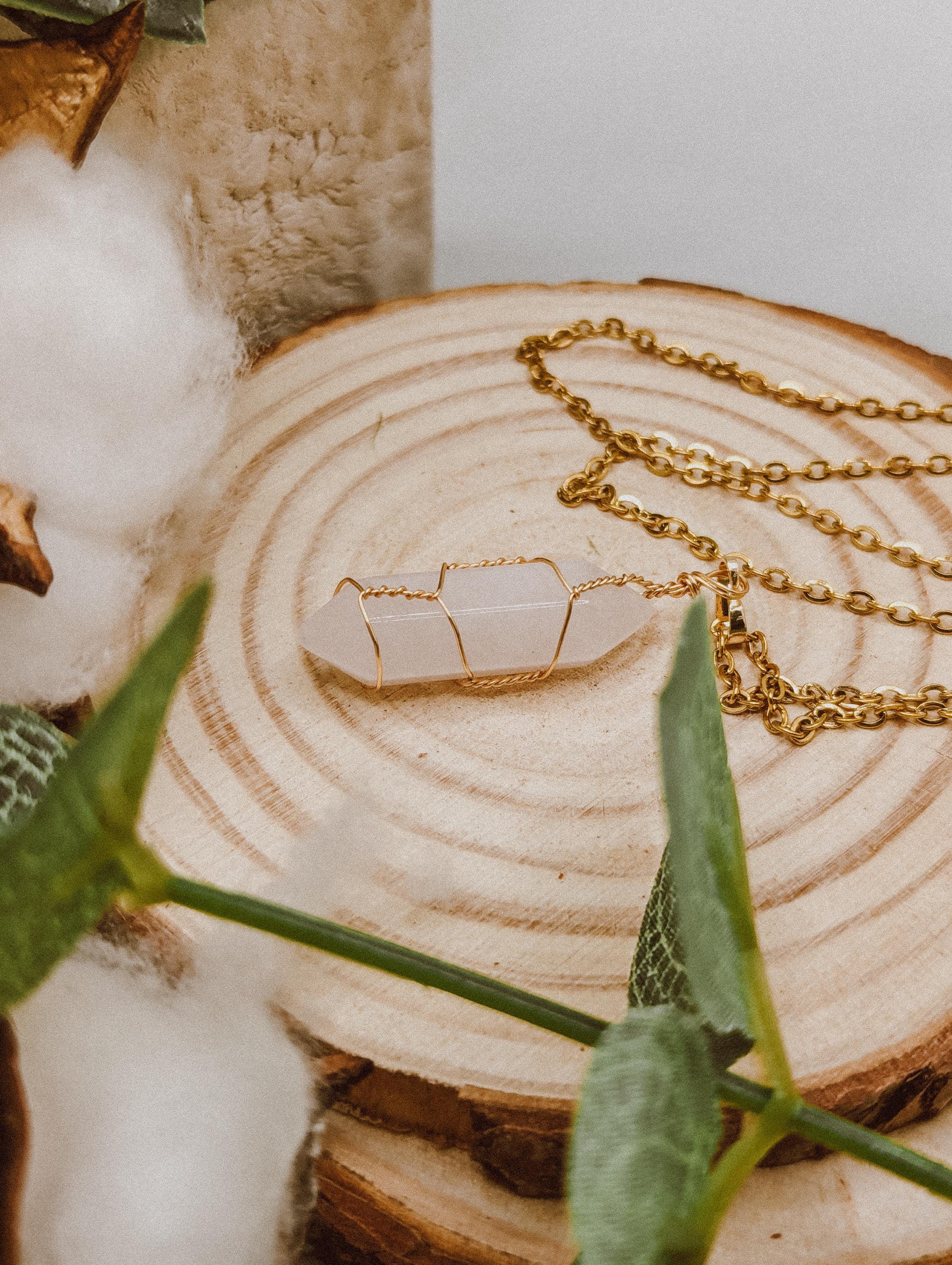 Pink Rose Quartz Bullet Necklace | 14k Gold 24in Chain