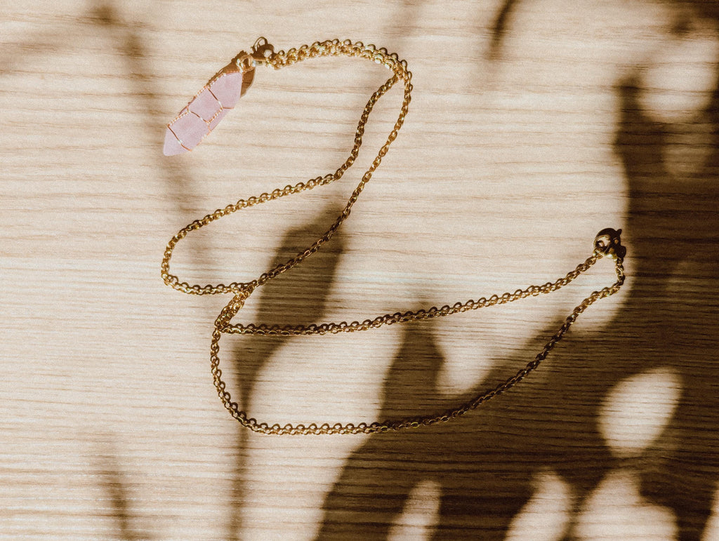 Pink Rose Quartz Bullet Necklace | 14k Gold 24in Chain