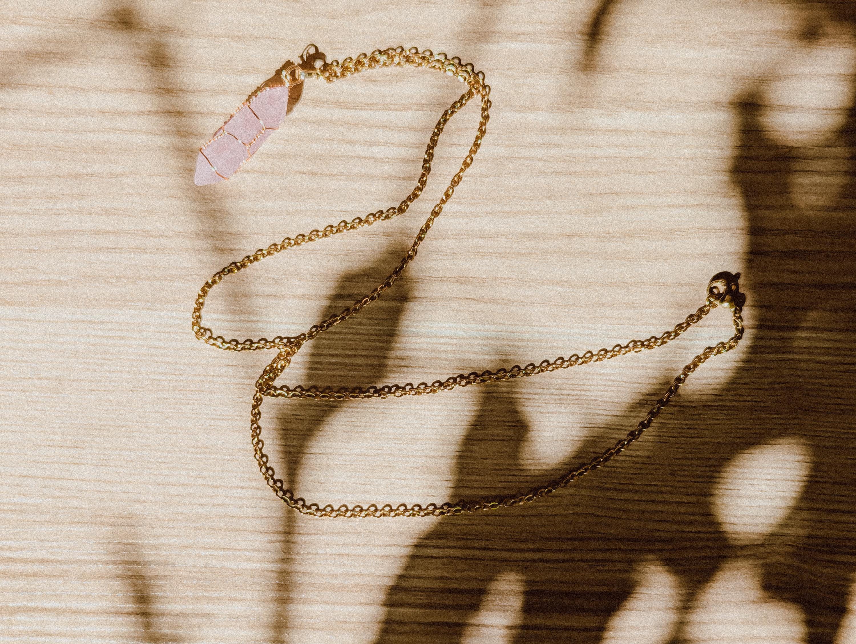 Pink Rose Quartz Bullet Necklace | 14k Gold 24in Chain