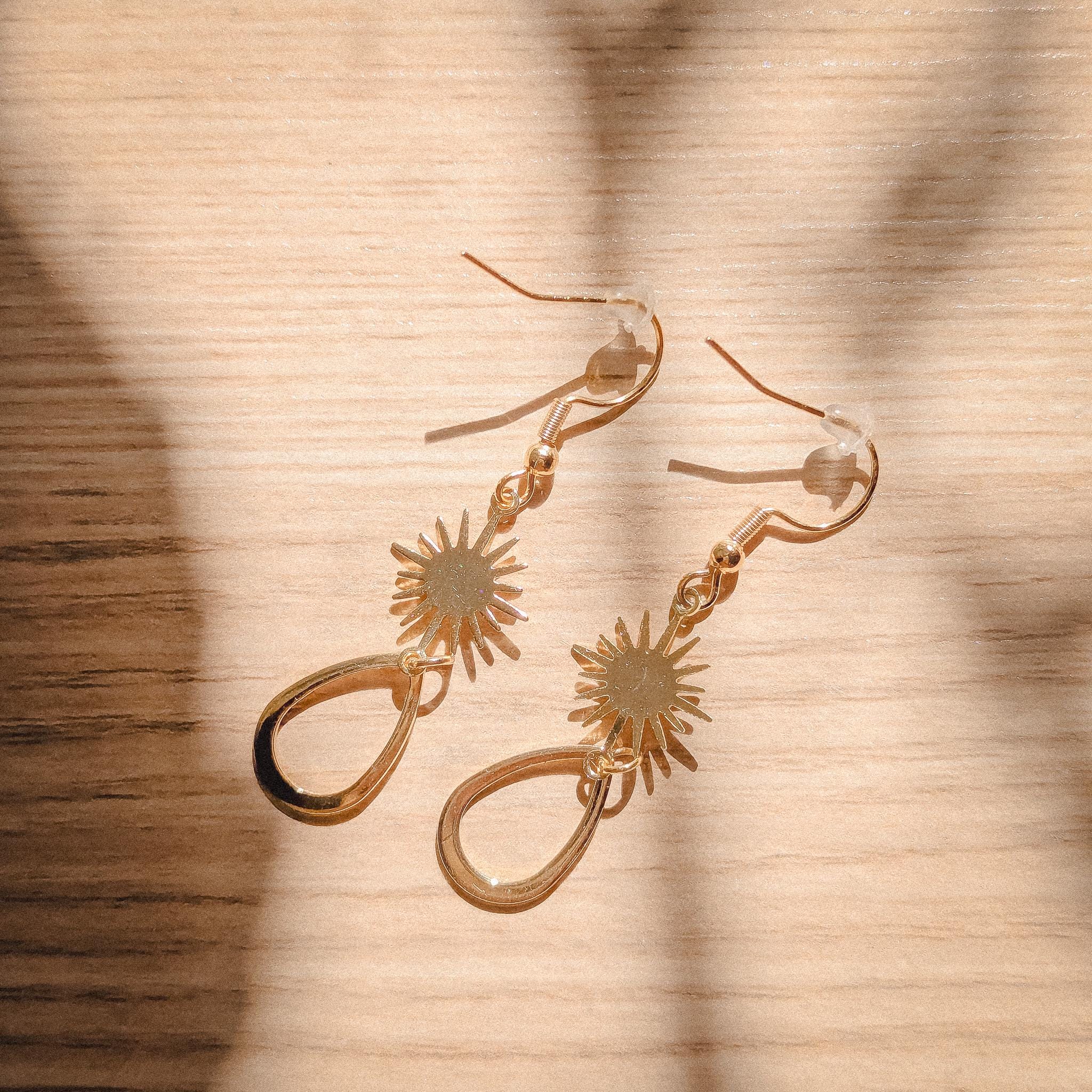 24k Gold Sterling Silver Sunburst Tear Earrings | Celestial