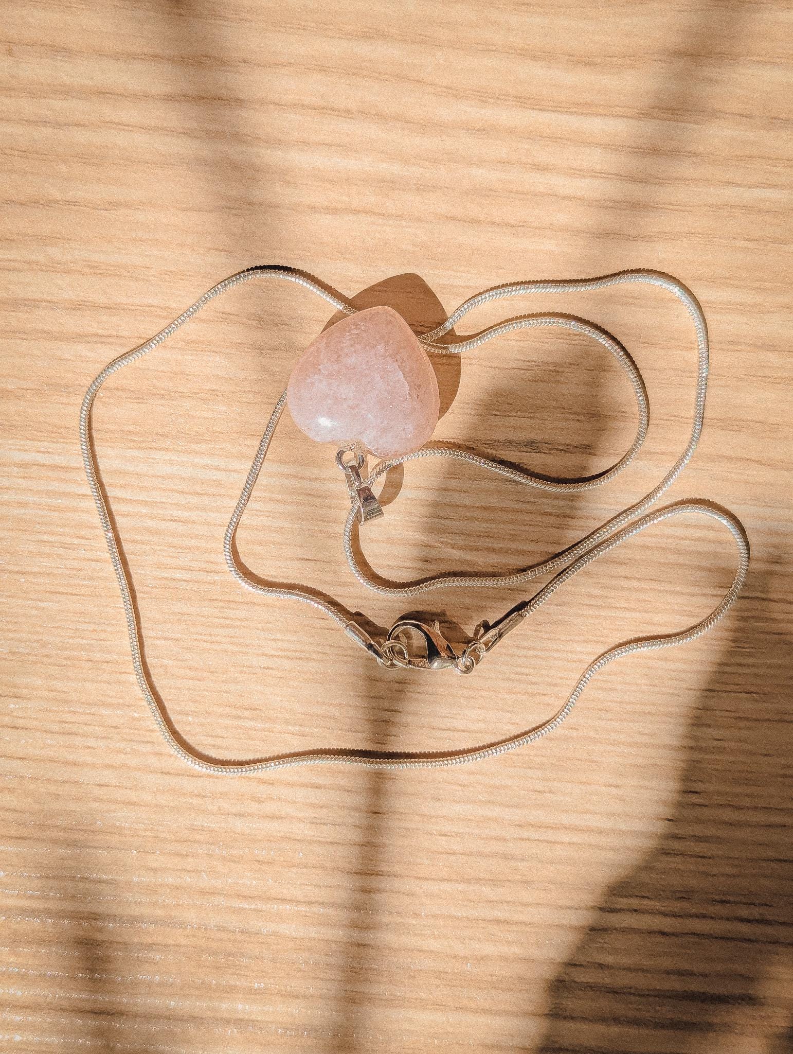 Heart Rose Quartz Necklace | 925 Sterling Silver 20" Chain