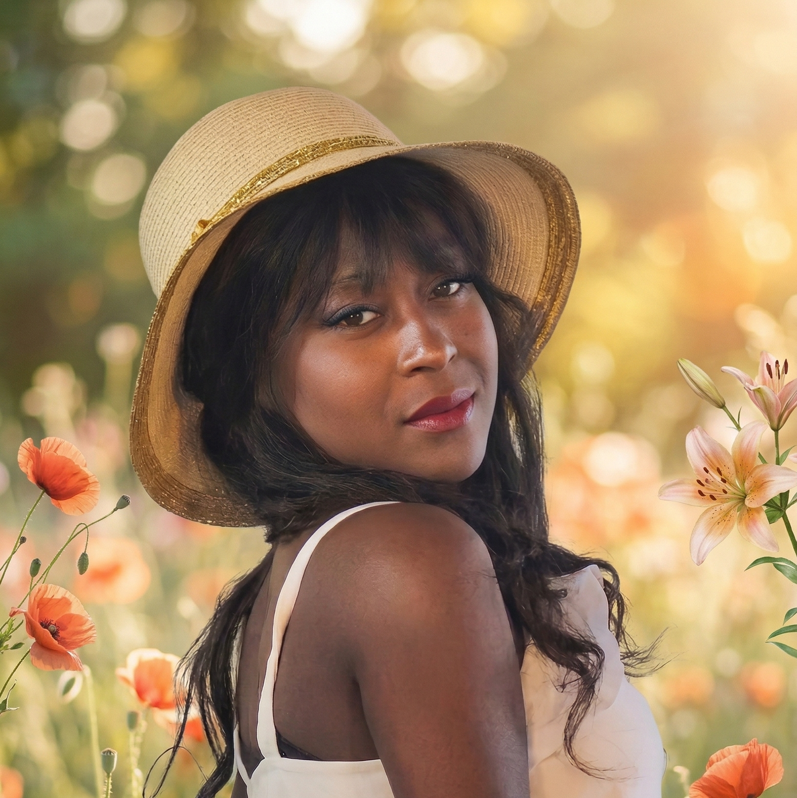 Woman in a white dress and straw hat standing in a field of flowers