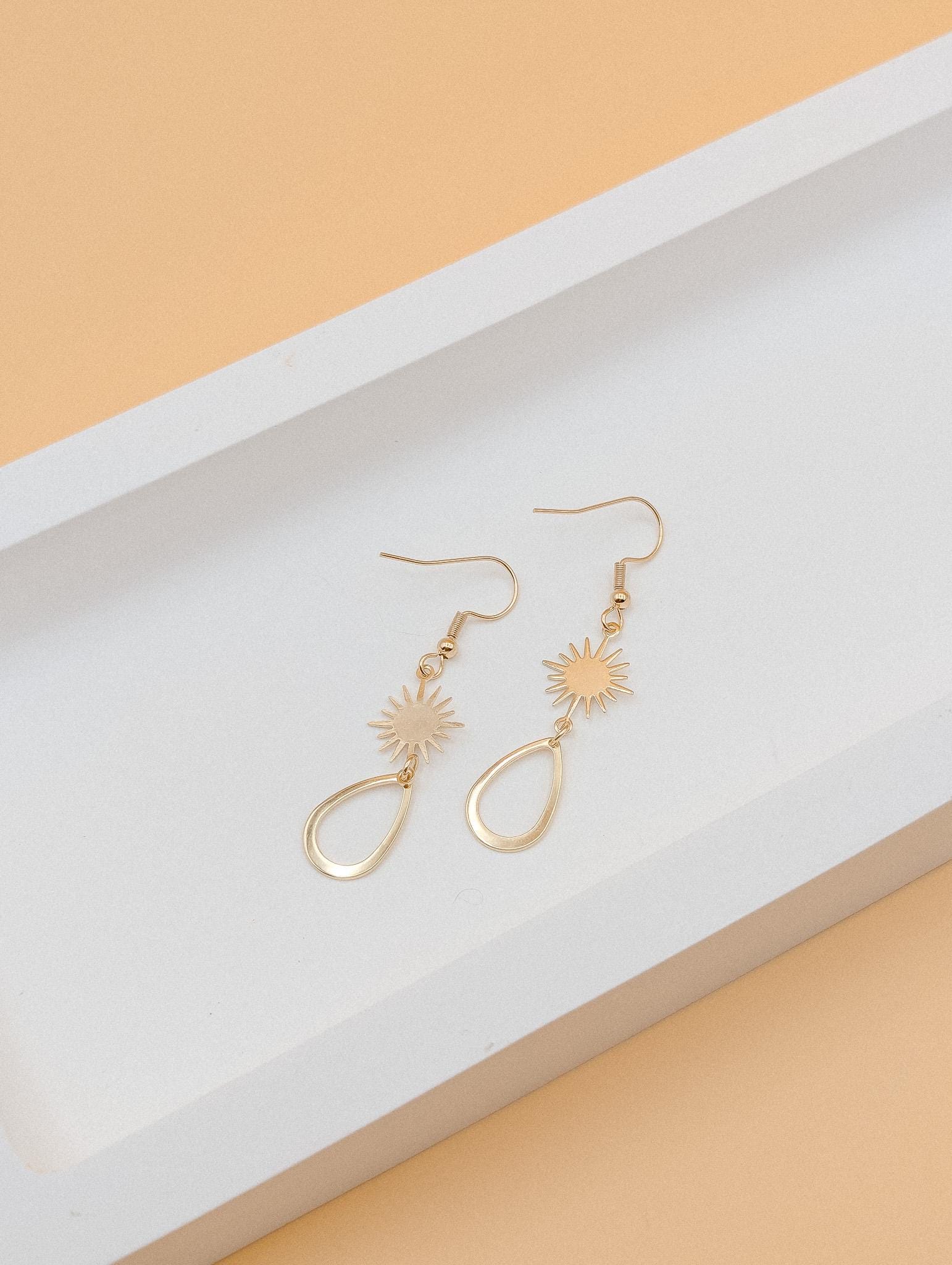 24k Gold Sterling Silver Sunburst Tear Earrings | Celestial