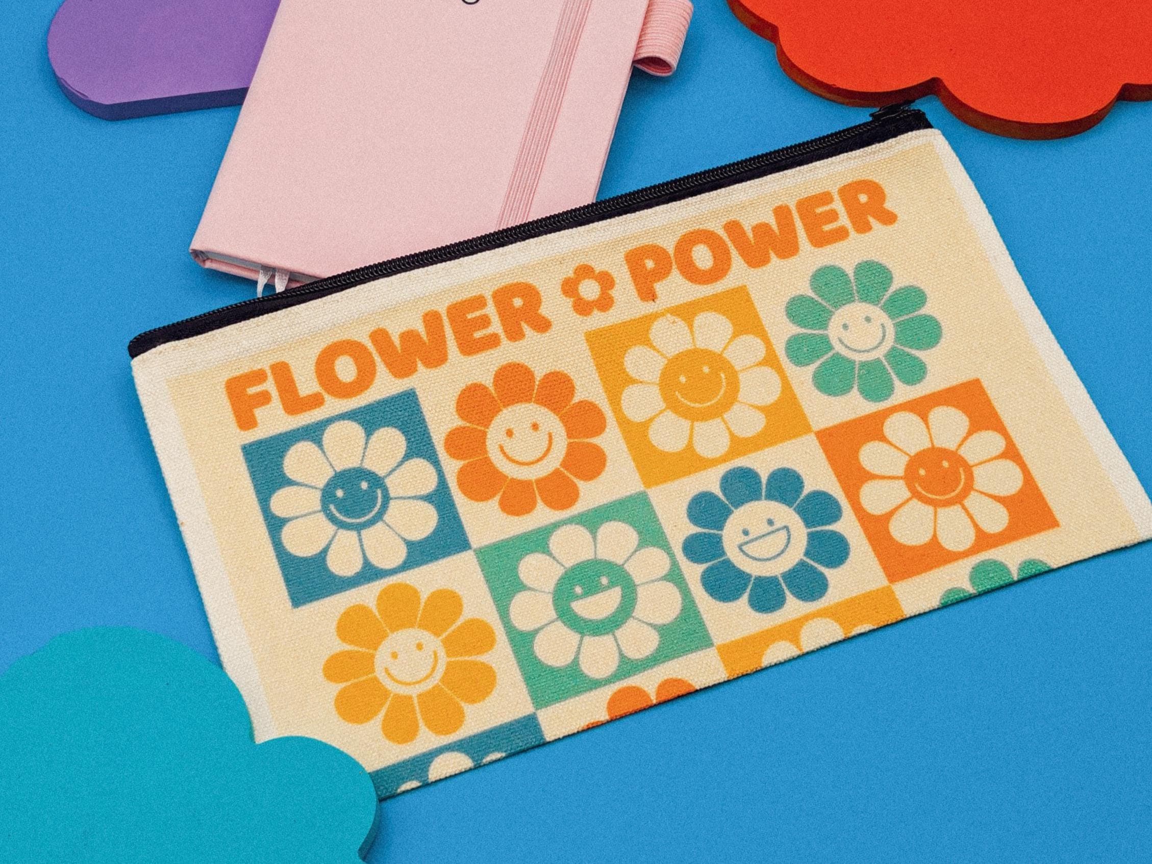 Flower Power Canvas Zipper Pouch | Retro Floral Makeup Bag
